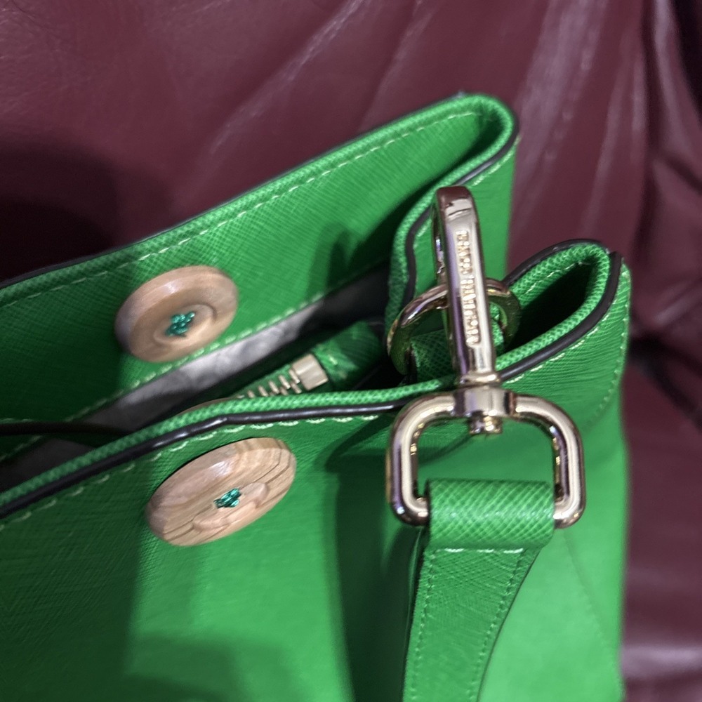 Michael Kors Bright Green Large Shoulder Crossbody Tote Bag w/ Brown Buttons‎ - Picture 2 of 10